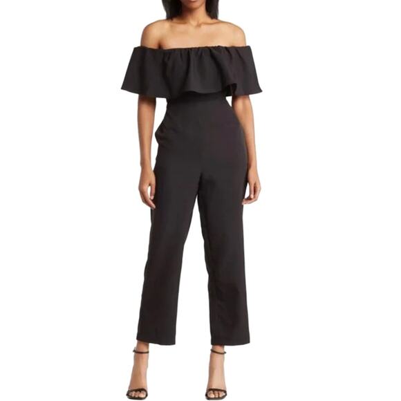 Sam Edelman Off the Shoulder Jumpsuit Black Sz 4 Minimalist Party Glam Cocktail - Picture 1 of 10